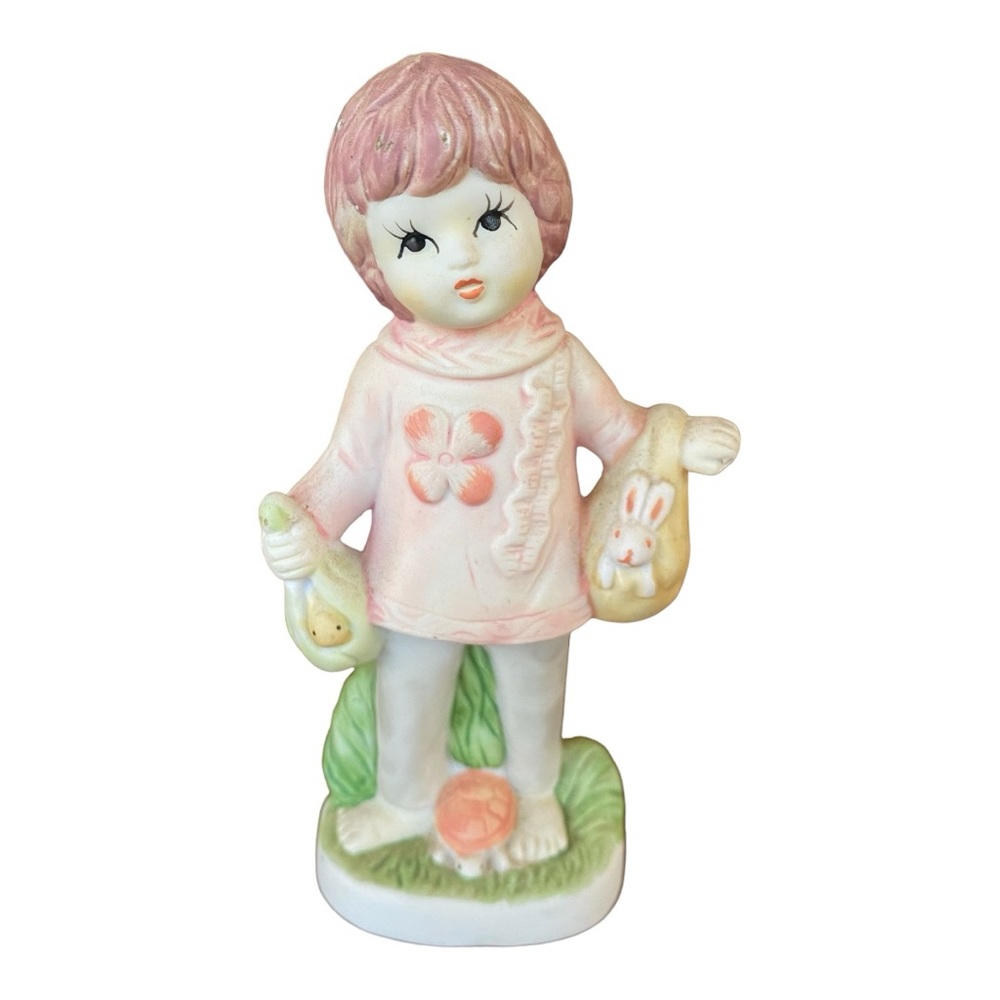 Vintage Porcelain Child Figurine with Bunnies & Turtle Pastel 4.75โ